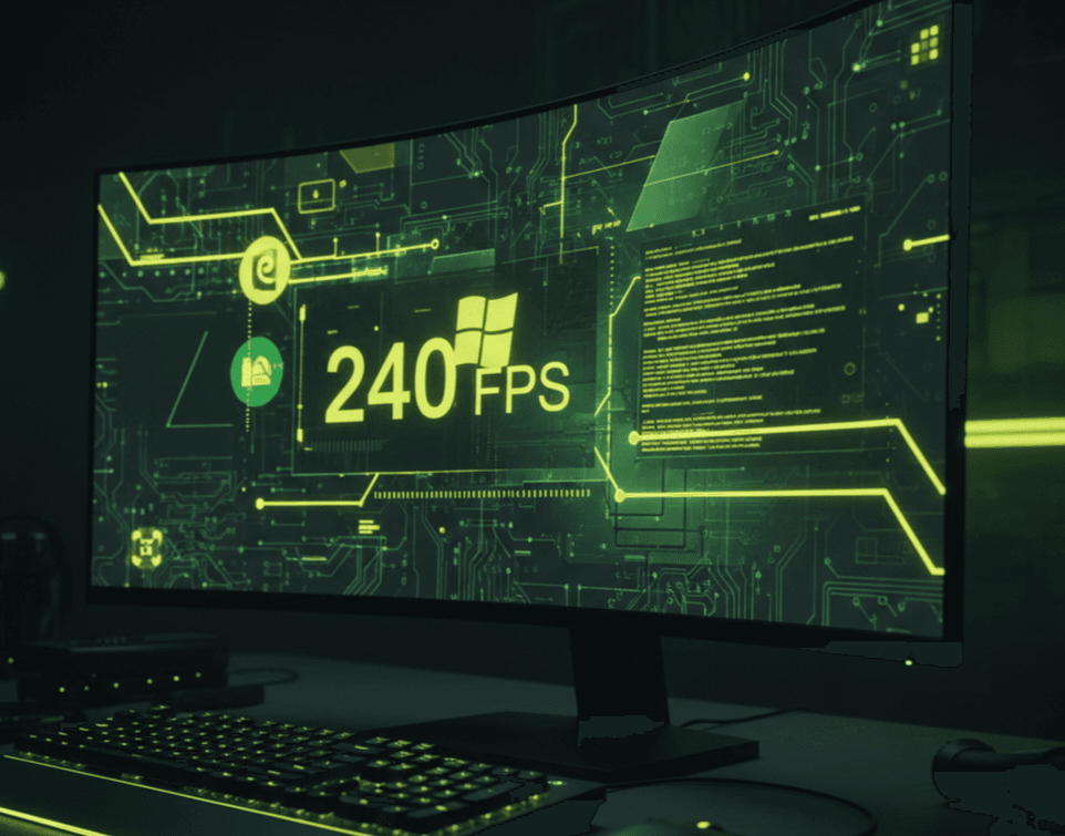​Profi gamer PC összeállítás sötét környezetben, ahol a monitoron neon zöld áramköri minták és egy sárga 240 FPS felirat látható a NightGamer logóval.