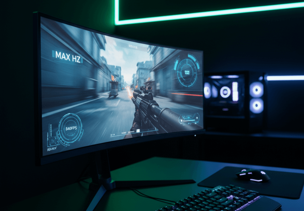 Egy ultra-széles gamer monitor közelről, amelyen egy gyors mozgású lövöldözős játék látható elmosódásmentesen, a háttérben sötét szobával és professzionális neon zöld-kék háttérvilágítással a falon.