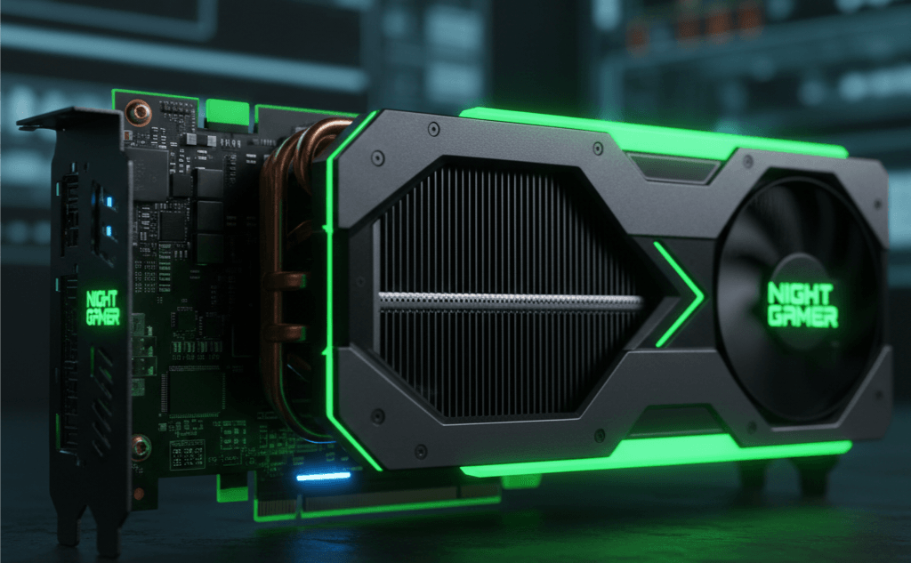 Közelkép egy futurisztikus videókártya hűtőbordáiról és az alattuk izzó RGB fényekről, amelyek a Night Gamer zöld és sötétszürke színvilágát tükrözik, szimbolizálva a technológiai fejlődést.
