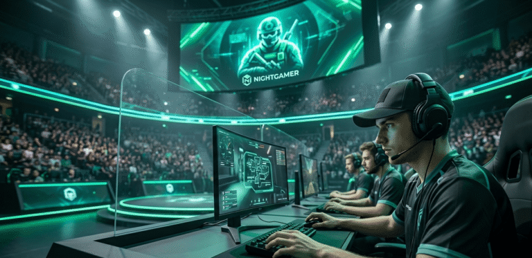 Profi FPS esport csapat verseny közben egy modern arénában, erdőzöld világítással és a Nightgamer logójával a háttérben.