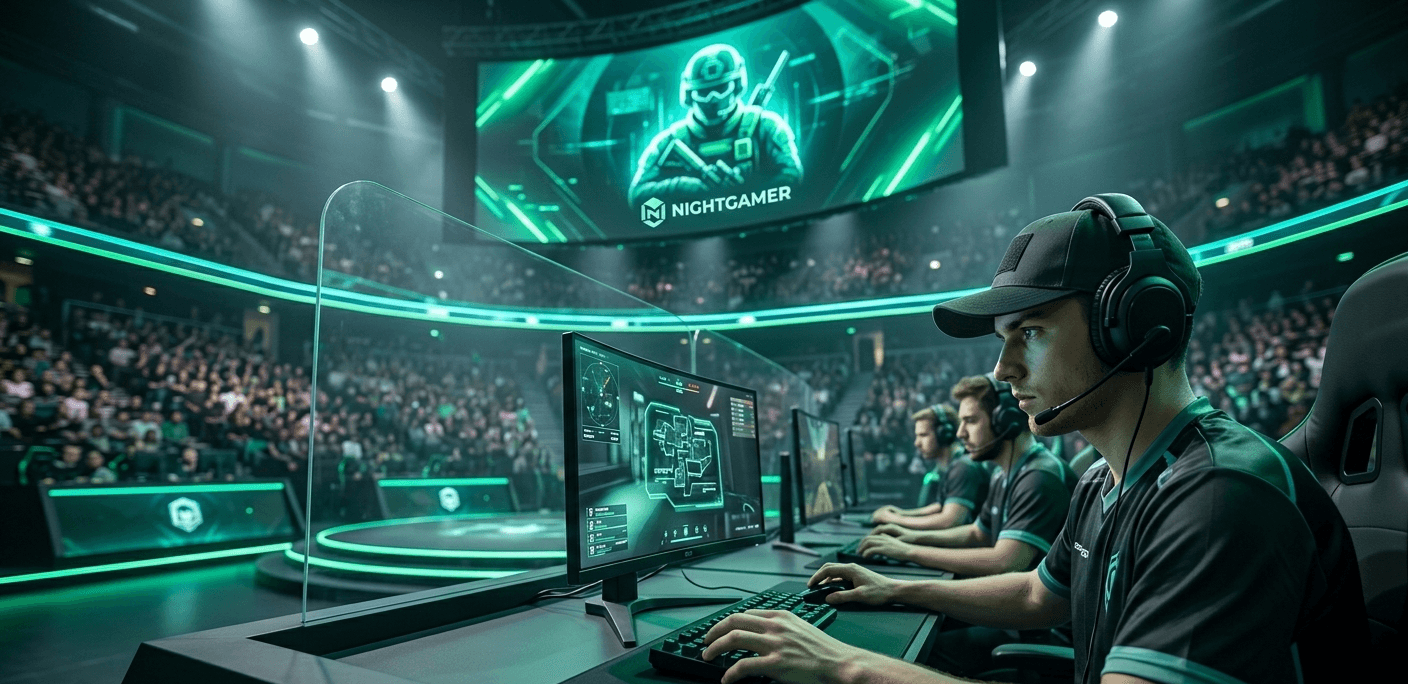 Profi FPS esport csapat verseny közben egy modern arénában, erdőzöld világítással és a Nightgamer logójával a háttérben.
