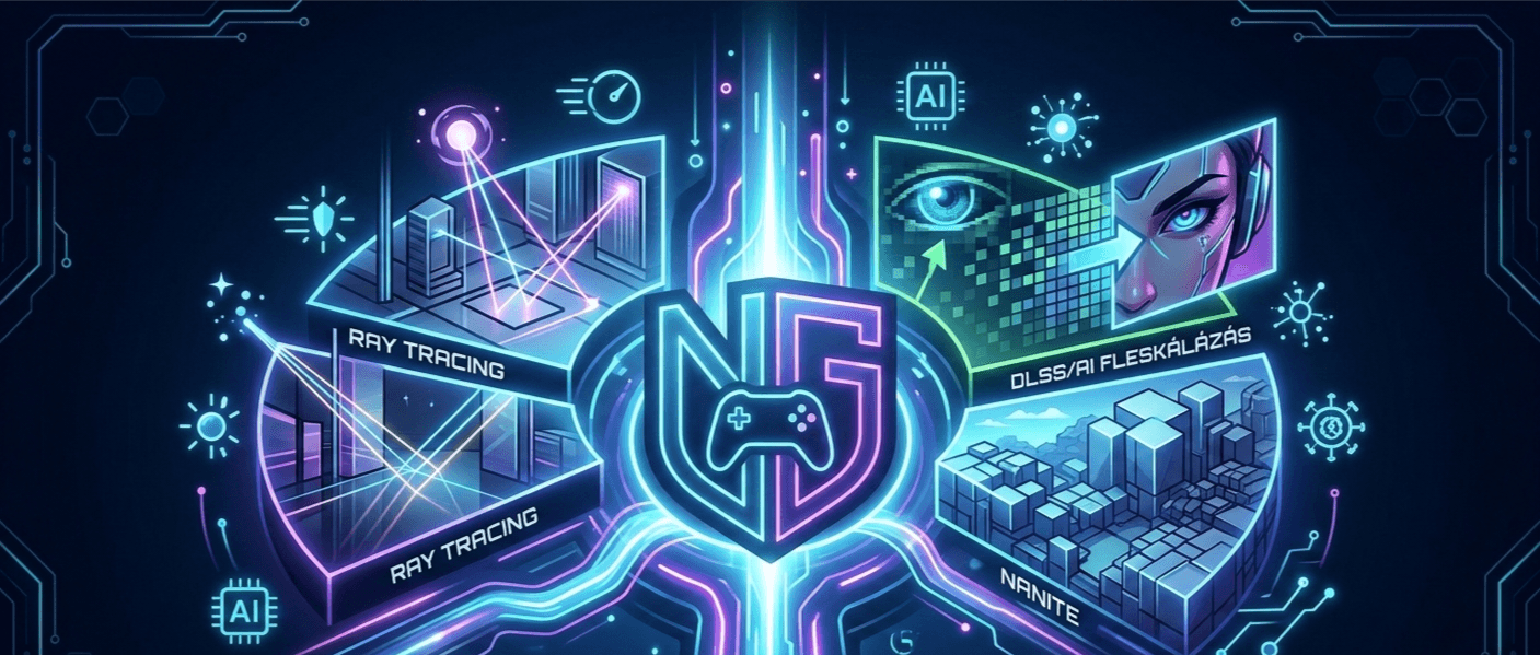 ​Egy sötét alapszínű, futurisztikus illusztráció a „Grafikai technológiák fejlődése” címmel. A kép középpontjában egy neonfényben izzó „NG” logó található, rajta egy játékvezérlő ikonnal, melyet kék és lila áramkörök vesznek körül. A logótól balra és jobbra négy különböző grafikai technológiát bemutató panel helyezkedik el: balra fent és lent „Ray Tracing” feliratok, amelyek a fénysugarak útját és tükröződését illusztrálják; jobbra fent „DLSS/AI felskálázás”, egy emberi szem és képpontok láthatók rajta, amely a képjavítást szimbolizálja; jobbra lent pedig a „Nanite” felirat, épületeket ábrázoló geometrikus tömbökkel, melyek a nagy részletességű felületeket mutatják be. A panelek és a logó körül futurisztikus ikonok, mesterséges intelligencia jelek és adatáramlások láthatók. A kép stílusa neonfényes, cyber punk beütésű.