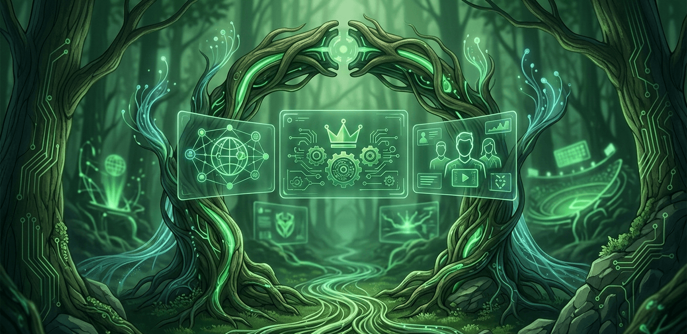 Misztikus, erdőzöld tónusú digitális illusztráció, ahol a természet és a technológia egybefonódik. A kép központjában egy fák ágaiból formált futurisztikus kapu látható, amelyben lebegő, áttetsző zöld panelek jelenítenek meg e-sportra utaló szimbólumokat, mint a korona, játékos profilok és globális hálózati diagramok. A földön kanyargó ösvények fénylő áramkörökként futnak a távolba, a háttérben pedig egy erdőbe simuló stadion sziluettje dereng fel, szöveges feliratok nélkül.