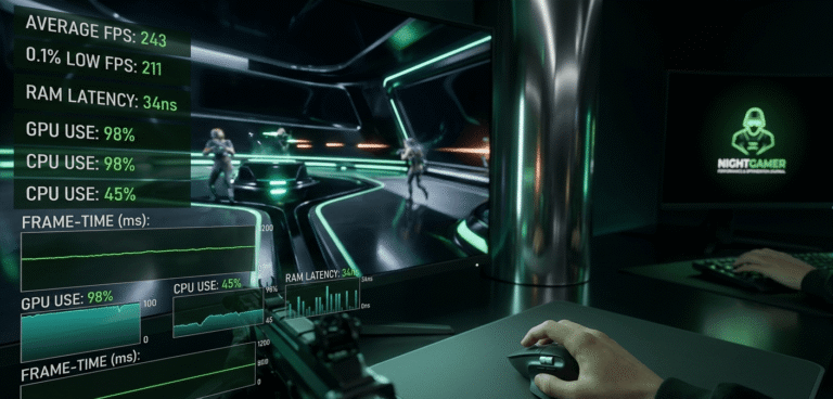 Stellar Void játékmenet jelenet erdőzöld tónusú HUD elemekkel, ray-tracing tükröződésekkel és Nightgamer logóval.