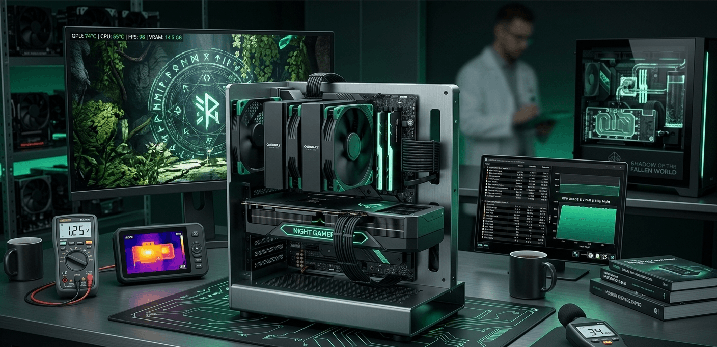 Professzionális hardver teszt grafikonokkal és egy erdőzöld tónusú gamer PC belsővel.