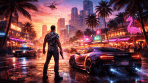 GTA VI inspirált open world városi jelenet modern grafikai effektekkel és részletes környezettel