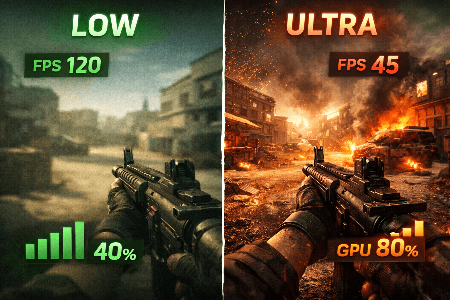 low vs ultra grafika összehasonlítás fps különbséggel gaming környezetben