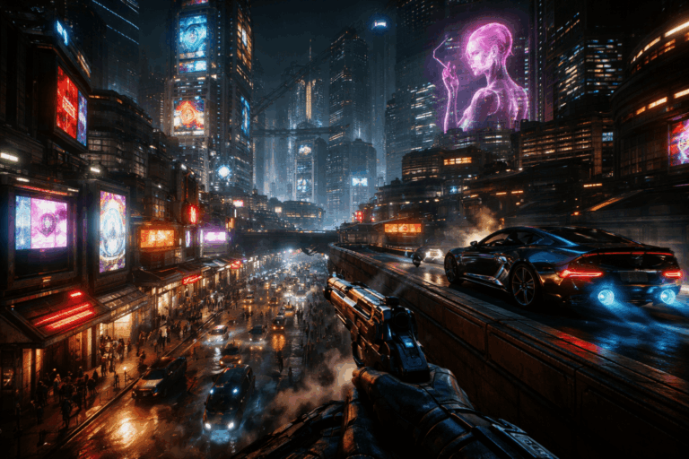 cyberpunk 2077 night city cinematic gaming scene neon lighting pc