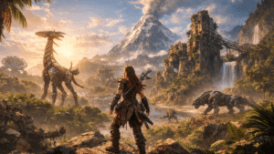 Horizon Forbidden West PC grafika és open world jelenet futurisztikus környezetben