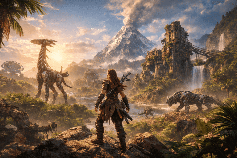 Horizon Forbidden West PC grafika és open world jelenet futurisztikus környezetben