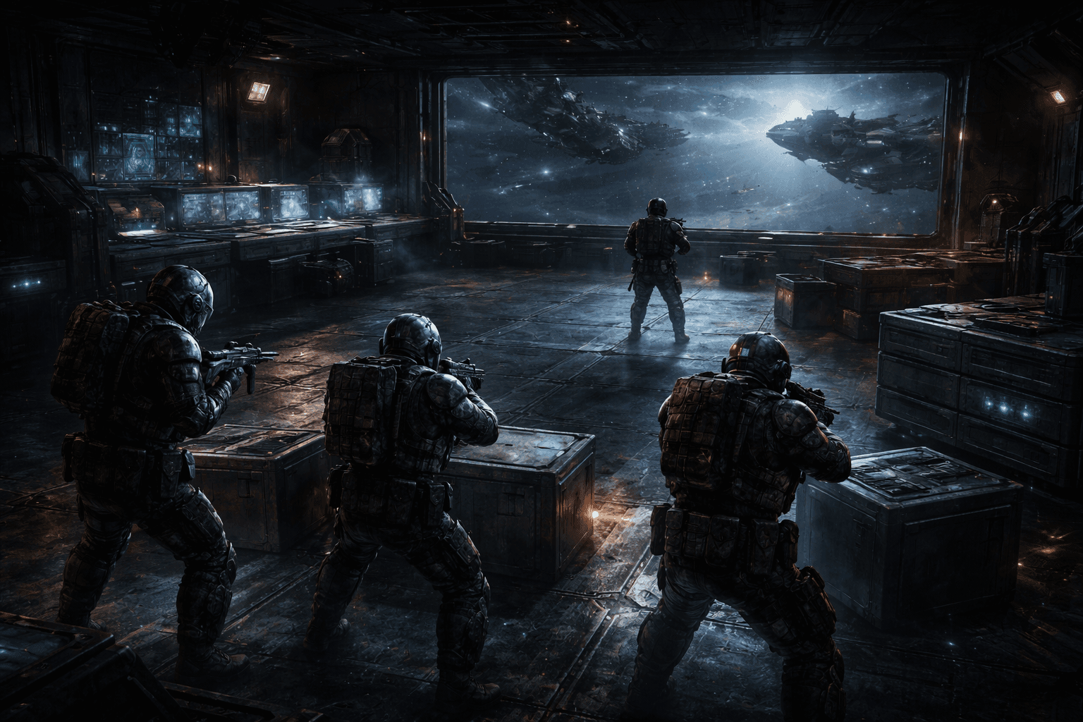 sci fi taktikai videojáték jelenet űrállomással és csapat irányítással sötét futurisztikus hangulatban