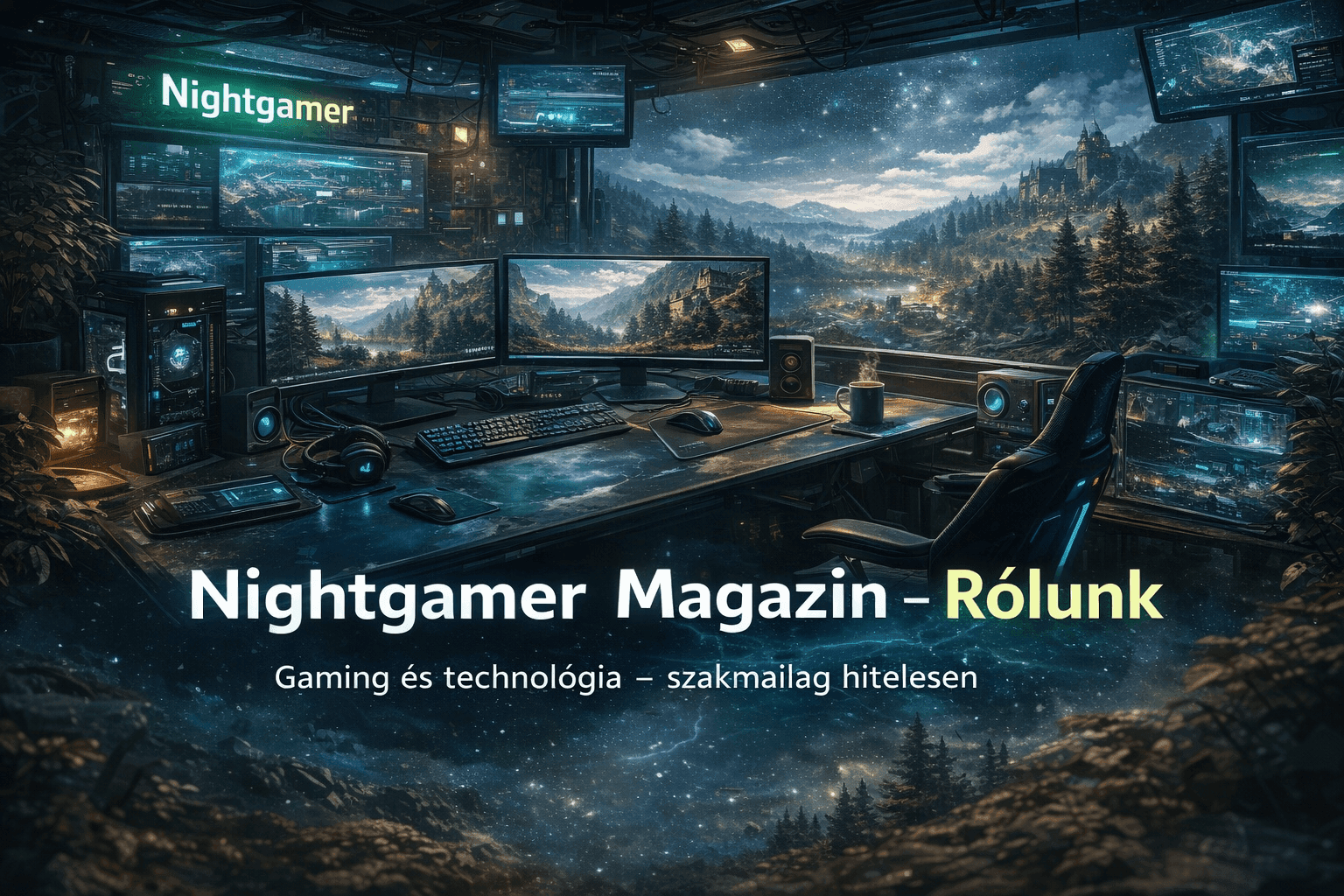 Nightgamer Magazin gaming setup több monitorral, futurisztikus technológiai környezetben, videojáték világokkal a kijelzőkön
