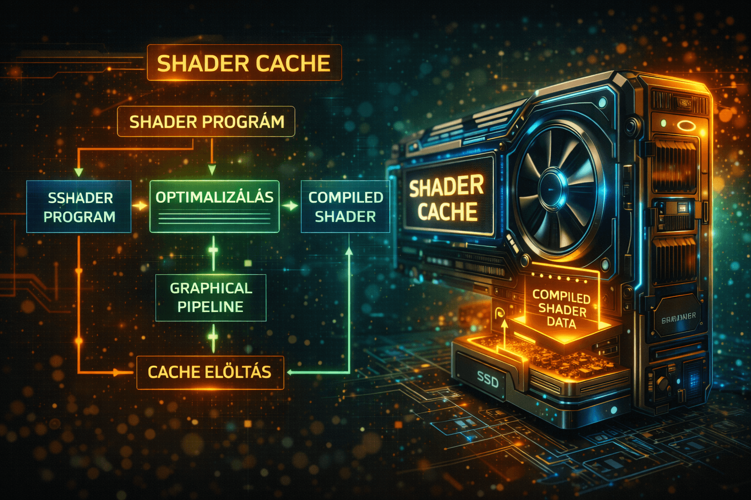 shader cache működését bemutató grafikai pipeline és GPU infografika