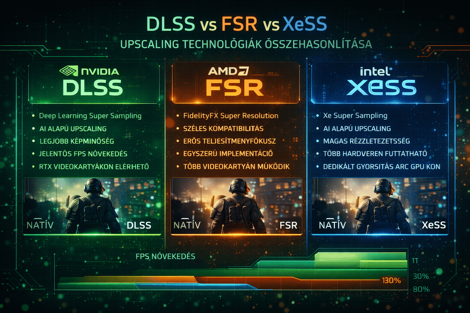 DLSS FSR XeSS upscaling technológiák összehasonlítása gaming grafikai infografikán