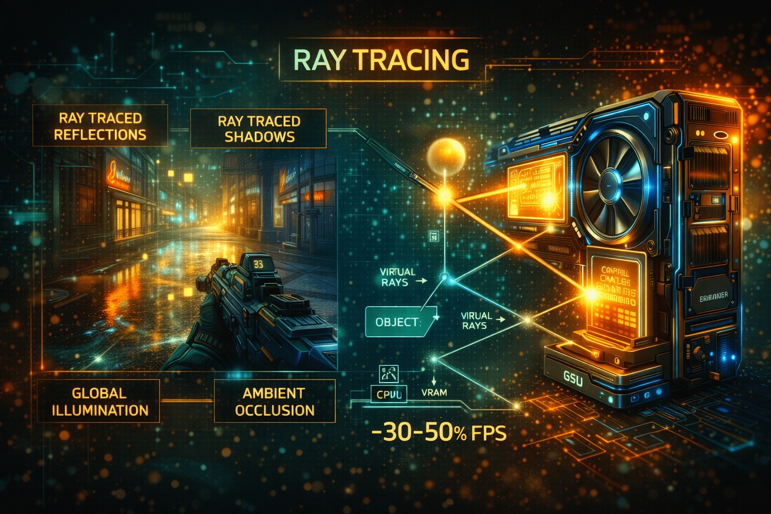 ray tracing technológia működését bemutató modern gaming grafikai infografika