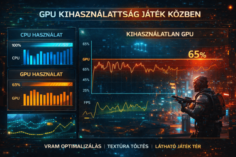 GPU kihasználtság grafikon játék közben CPU és GPU terhelés összehasonlításával