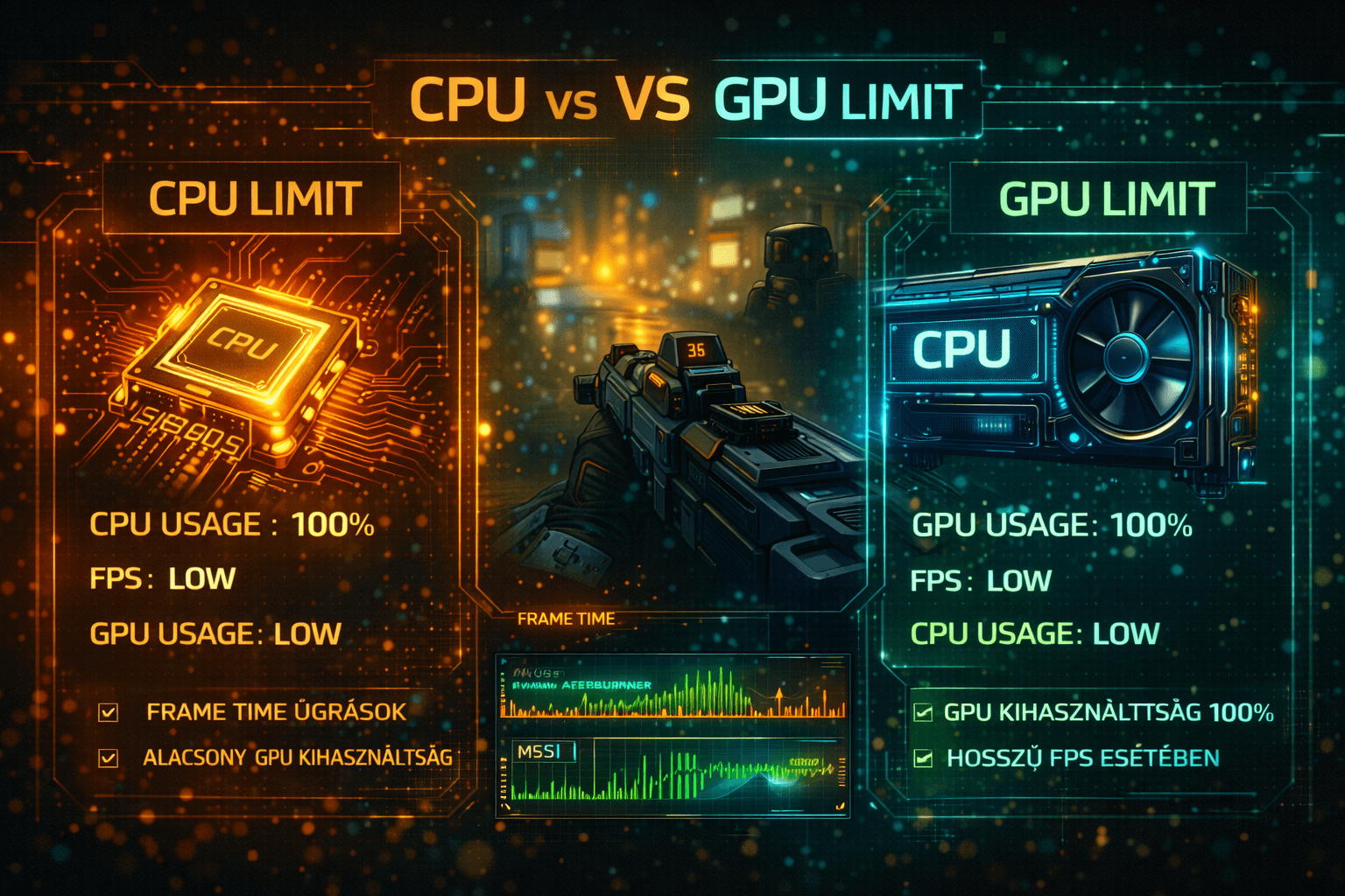 CPU és GPU limit összehasonlító gaming teljesítmény infografika