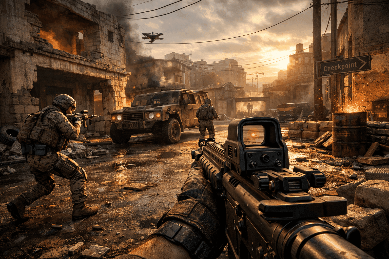 taktikai shooter játék jelenet katonai környezetben realisztikus világítással és részletes pályával