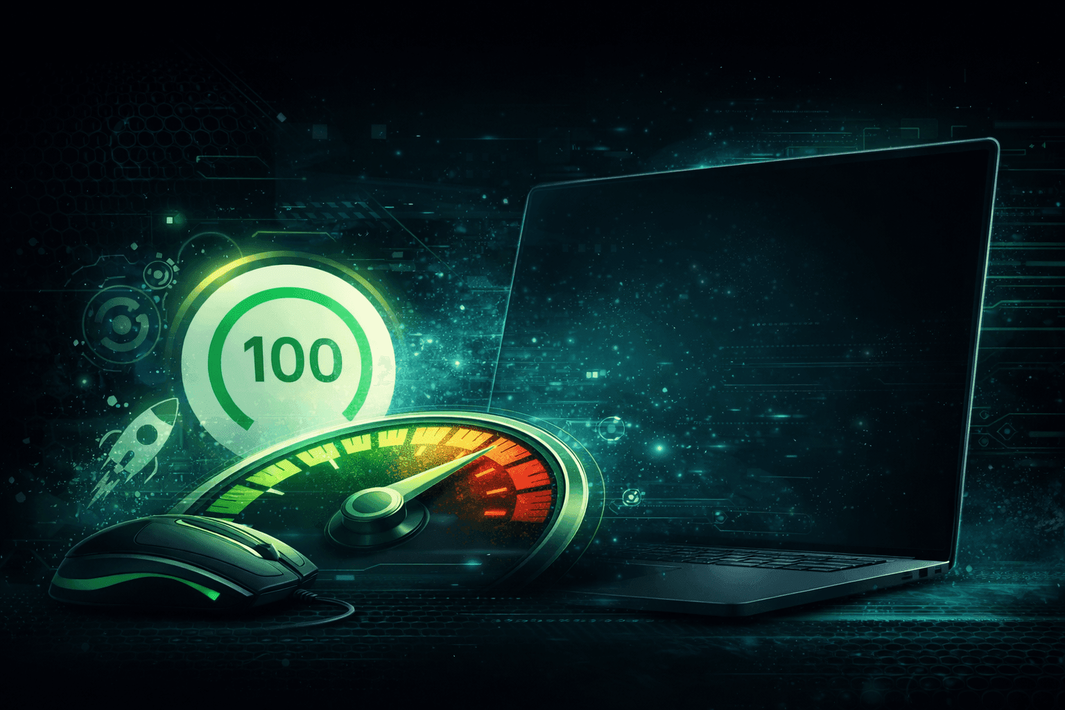 Nightgamer weboldal mobil teljesítmény optimalizáció vizualizáció 100 PageSpeed pontszámmal futurisztikus technológiai környezetben