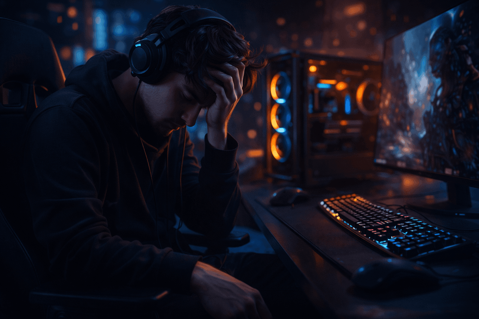 gamer félbehagy játékot sötét hangulatú gaming setup