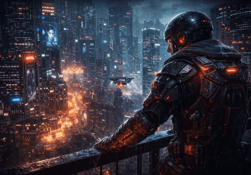 ultra realisztikus videojáték grafika futurisztikus városi környezetben esős éjszakai jelenettel