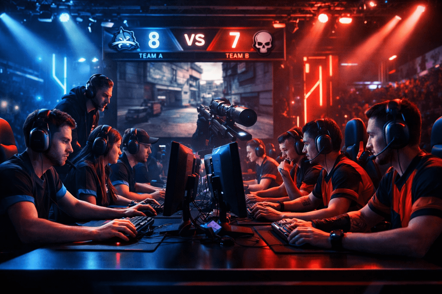 profi e sport csapat verseny közben neon világítású gaming arénában