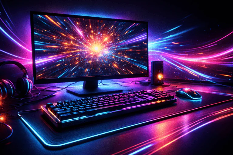 modern esport gaming setup rgb billentyűzet monitor és neon fények