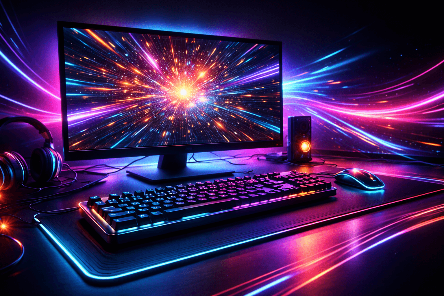 modern esport gaming setup rgb billentyűzet monitor és neon fények