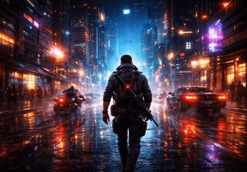 futurisztikus videojáték jelenet neon városban esőben ultra realisztikus grafikával