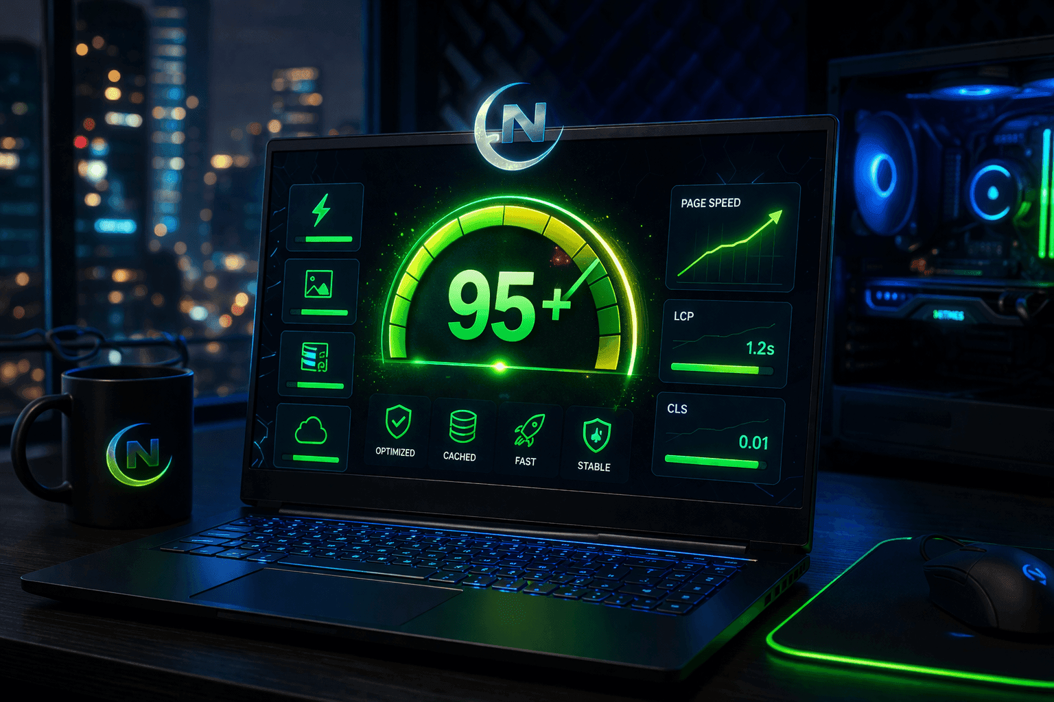 Nightgamer Magazin sebesség 95+ PageSpeed gamer setup vizualizáció