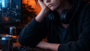 női gamer ül a monitor előtt motivációvesztéssel és kiégéssel sötét szobában
