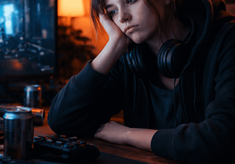 női gamer ül a monitor előtt motivációvesztéssel és kiégéssel sötét szobában