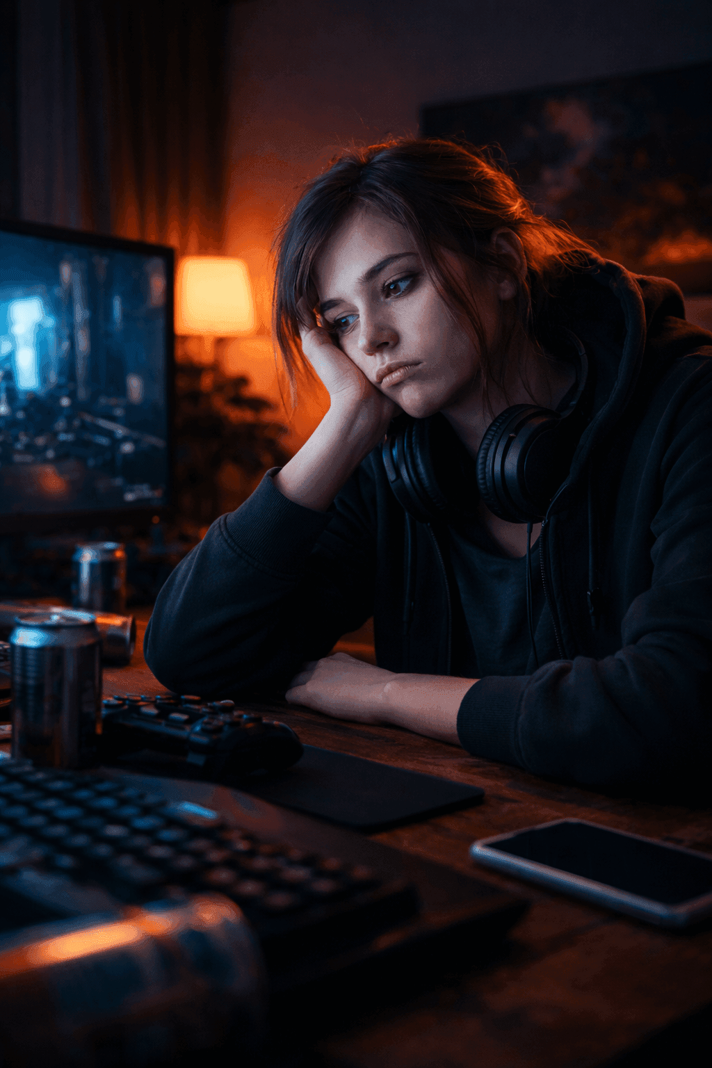 női gamer ül a monitor előtt motivációvesztéssel és kiégéssel sötét szobában