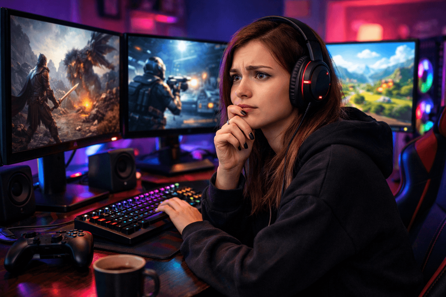 gamer lány aki több játék között választ és bizonytalanul nézi a képernyőt