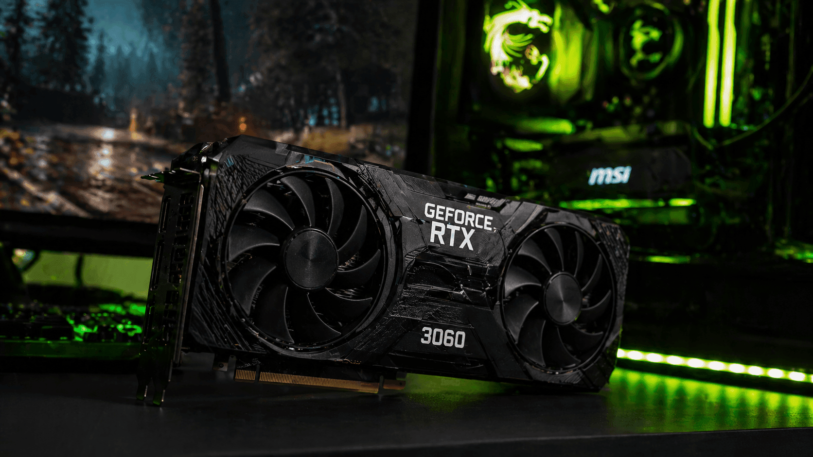 RTX 3060 videókártya gamer PC setupban neon zöld megvilágítással