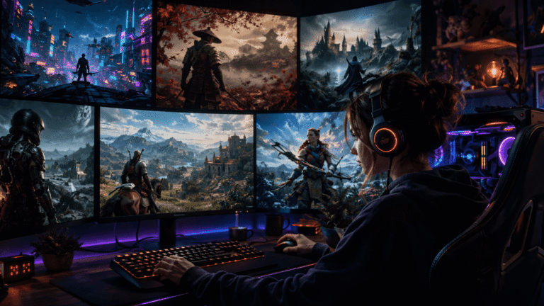 női gamer több új játékkal játszik több monitoros modern gaming setupban