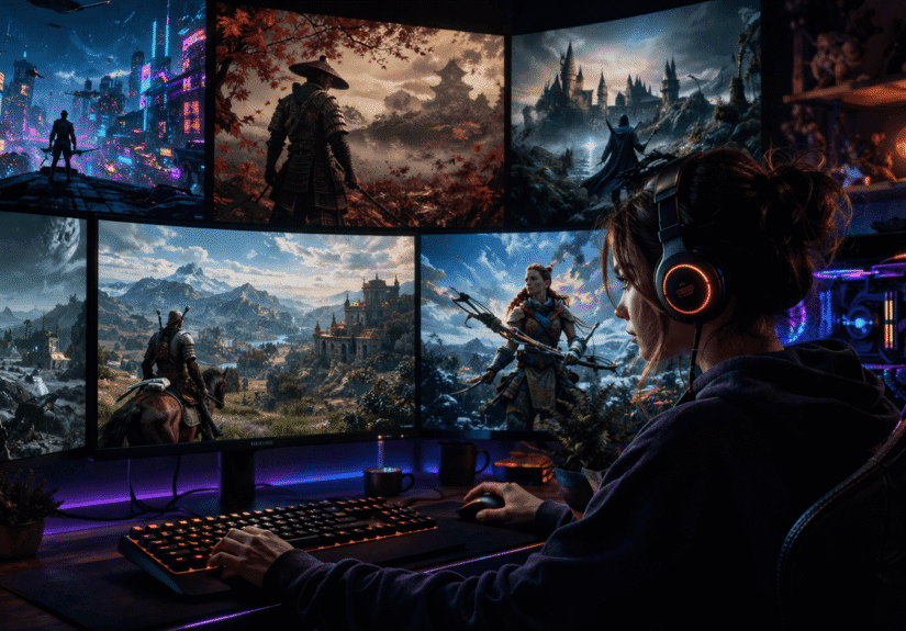 női gamer több új játékkal játszik több monitoros modern gaming setupban