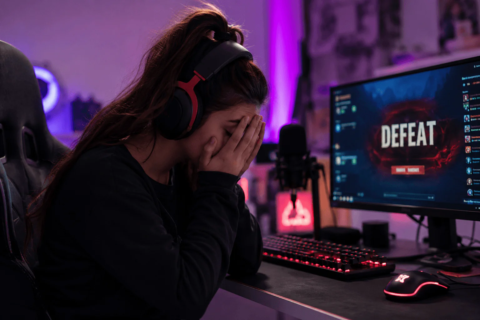 E-sport kiégés témájú női gamer karakter stresszes versenyhelyzetben neon gaming szobában