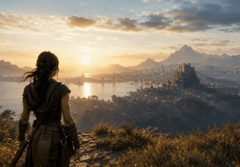 Magányos női karakter egy hatalmas nextgen open world világ előtt naplementében