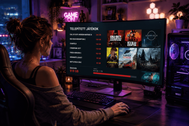 Női gamer modern RGB setup előtt hatalmas méretű AAA játékokkal