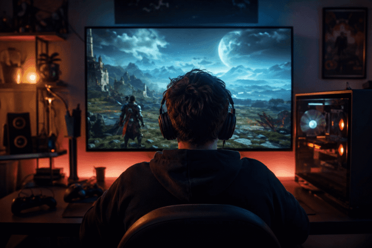 Gamer játékos modern nextgen videojáték világában filmszerű atmoszférával