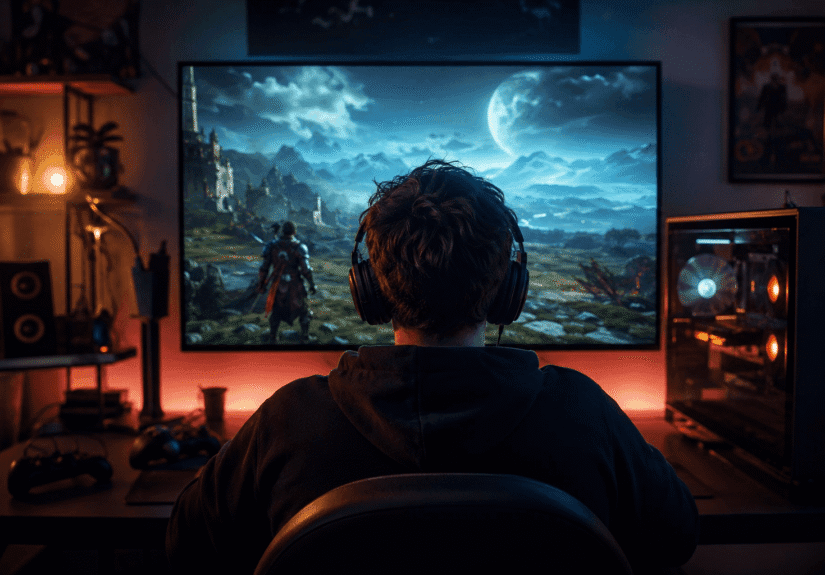 Gamer játékos modern nextgen videojáték világában filmszerű atmoszférával