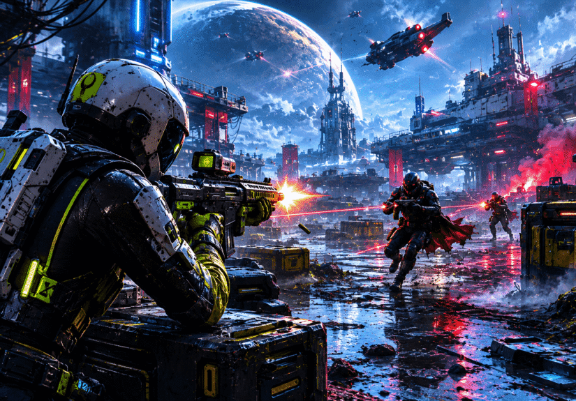 Futurisztikus sci-fi csata egy neonfényes online lövöldében modern extraction shooter hangulattal