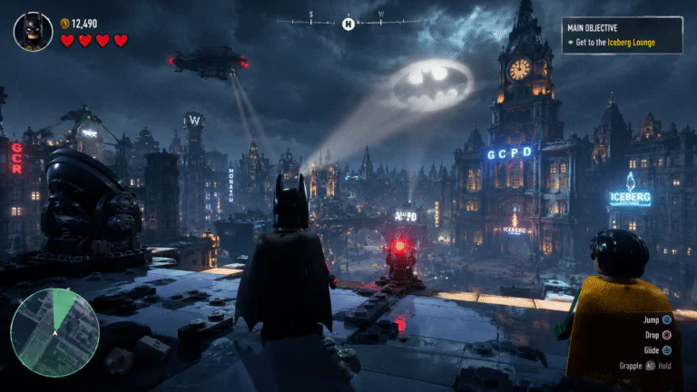 LEGO Batman Gotham tetején egy sötét nyílt világú akciójáték jelenetben