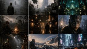 Kollázs modern és klasszikus videojáték-jelenetekből sötét atmoszférával és nextgen grafikai stílussal