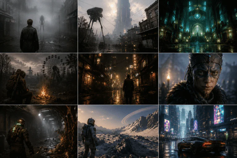 Kollázs modern és klasszikus videojáték-jelenetekből sötét atmoszférával és nextgen grafikai stílussal