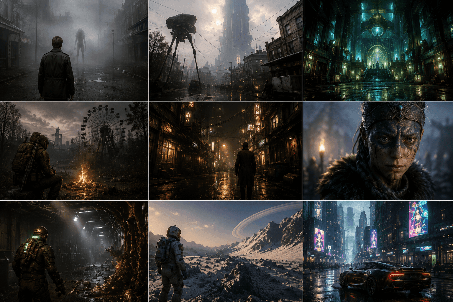 Kollázs modern és klasszikus videojáték-jelenetekből sötét atmoszférával és nextgen grafikai stílussal