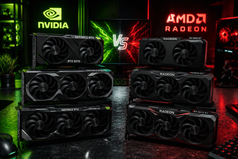 RTX és Radeon videókártyák filmes stílusú összehasonlítása gamer setupban
