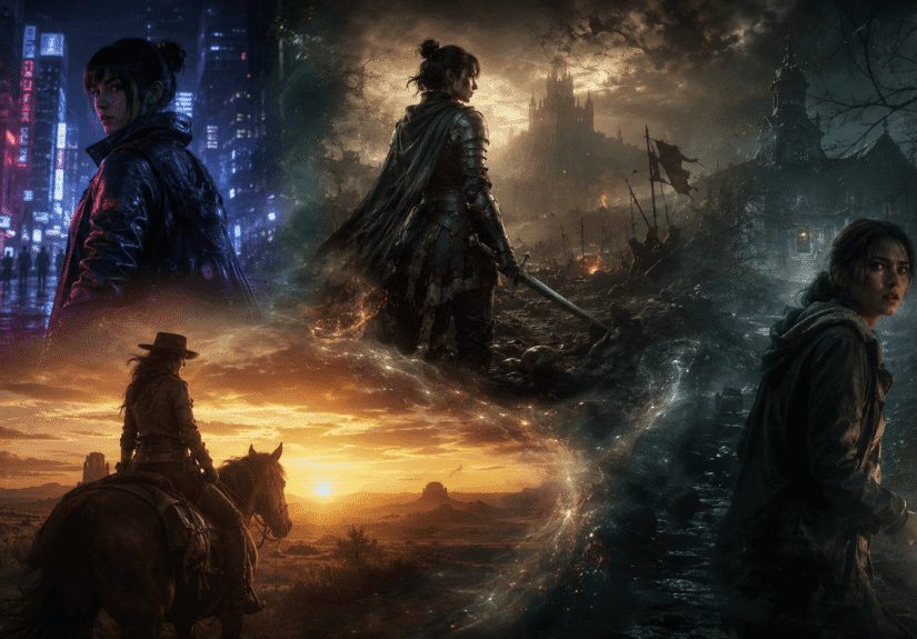 Női gamer karakterek által megjelenített modern videojátékos világok, cyberpunk város, dark fantasy csatatér, western táj és túlélőhorror hangulat egy prémium Nightgamer cikkillusztráción