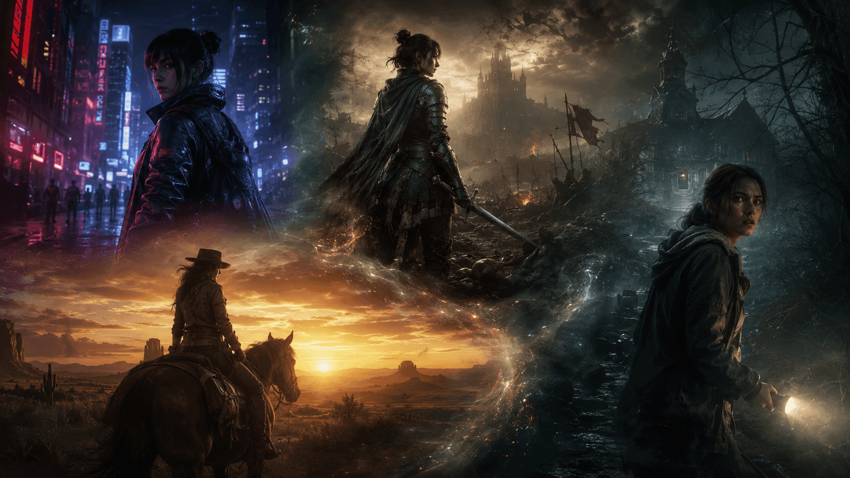 Női gamer karakterek által megjelenített modern videojátékos világok, cyberpunk város, dark fantasy csatatér, western táj és túlélőhorror hangulat egy prémium Nightgamer cikkillusztráción